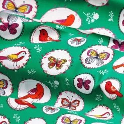 Birdy - Cotton Fabric With Birds & Butterflies - Green/turquoise
