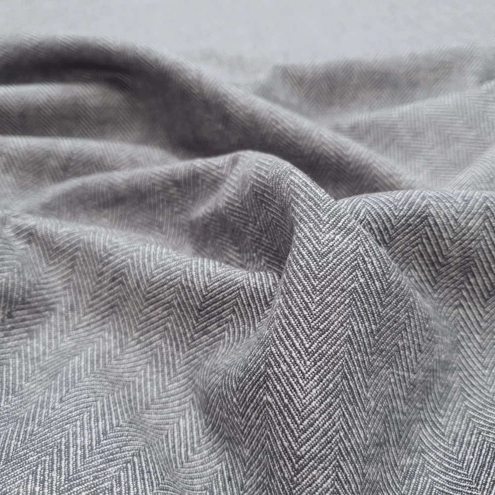 Fritz - Linen Fabric With Herringbone Pattern- Swedenblue-White