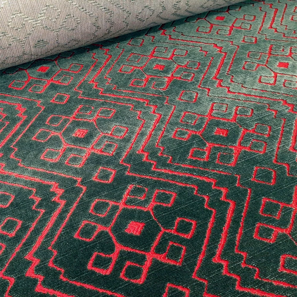 Sahco® Bahia - Velvet With Jacquard - Red-Petrol