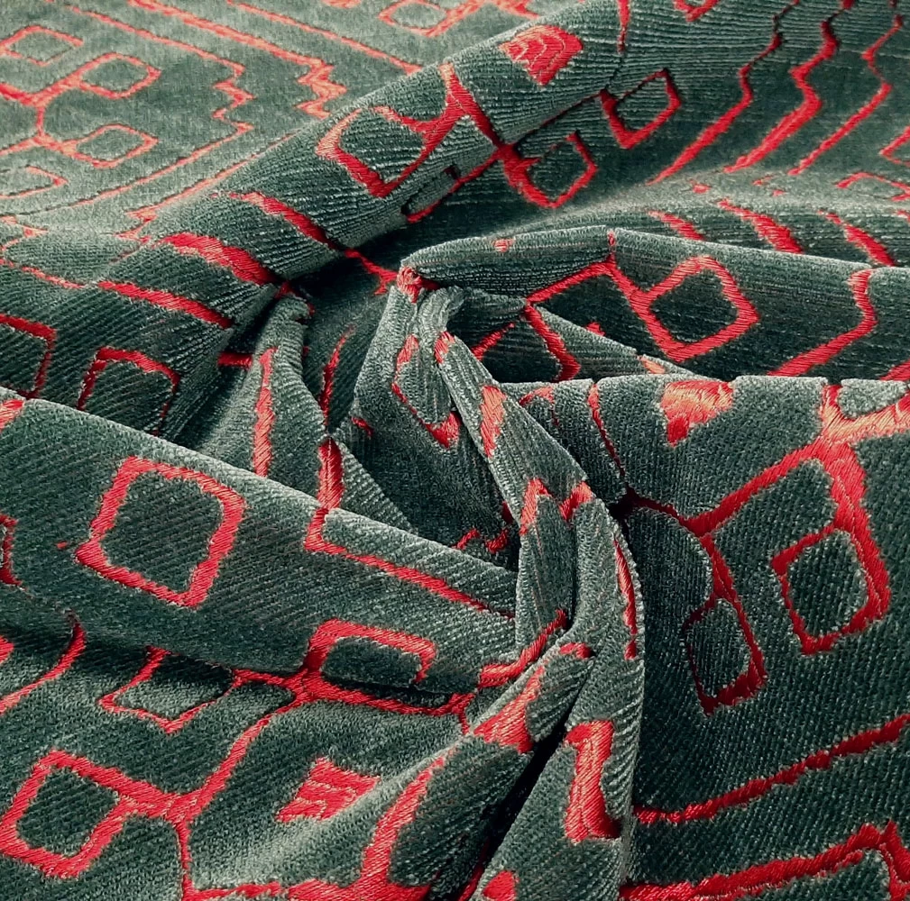 Sahco® Bahia - Velvet With Jacquard - Red-Petrol - Image 2
